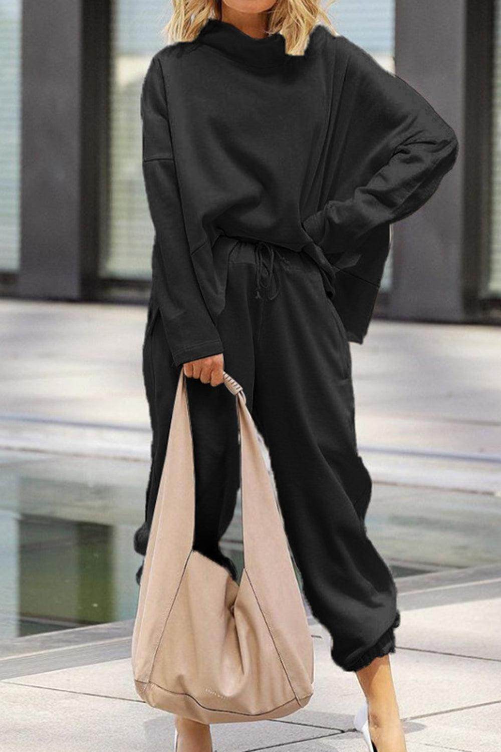 Mock Neck Drop Shoulder Top and Pants Set for Women - Selvanelle