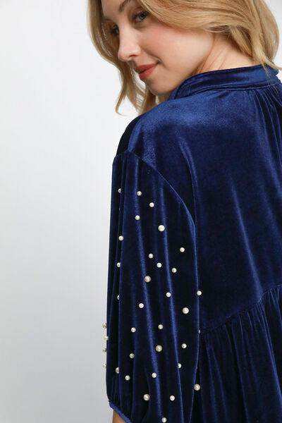 Umgee Pearl Detail Collared Neck Velvet Babydoll Blouse - Selvanelle