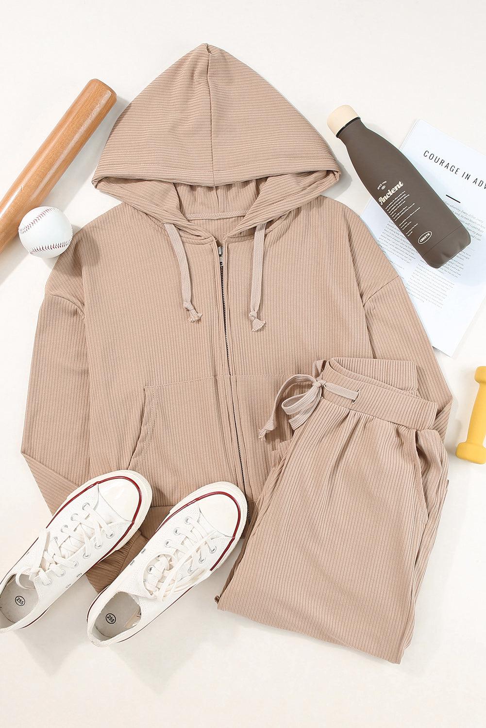 Drawstring Zip Up Hoodie and Pants Active Set for Women