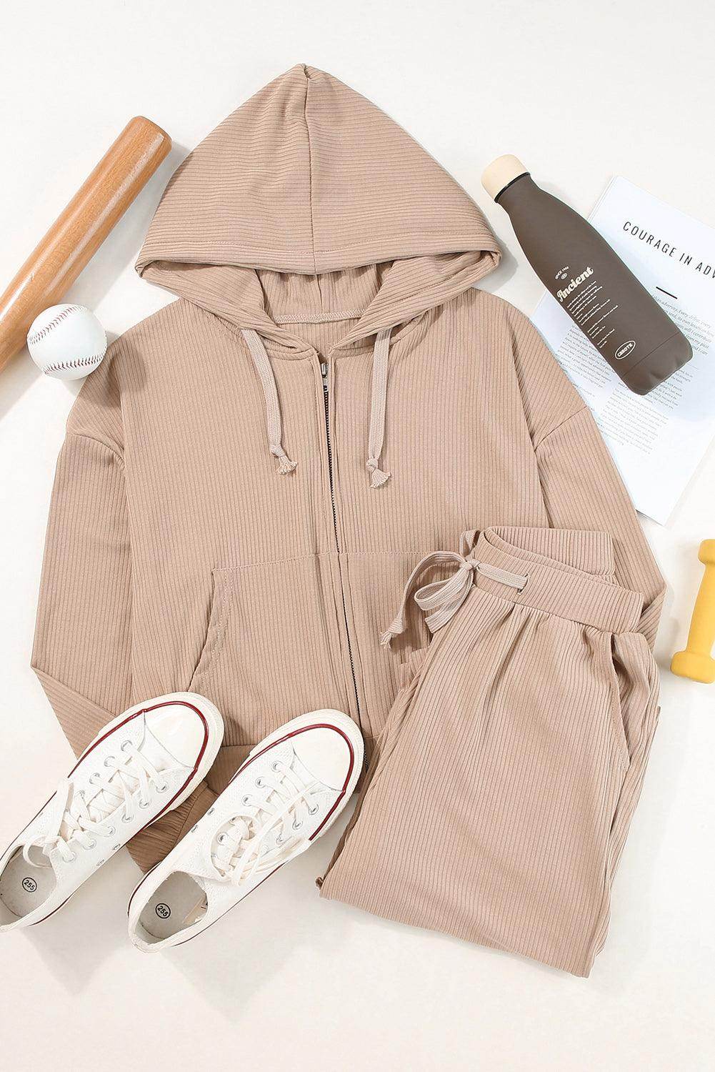 Drawstring Zip Up Hoodie and Pants Active Set for Women - Selvanelle