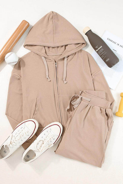 Drawstring Zip Up Hoodie and Pants Active Set for Women - Selvanelle