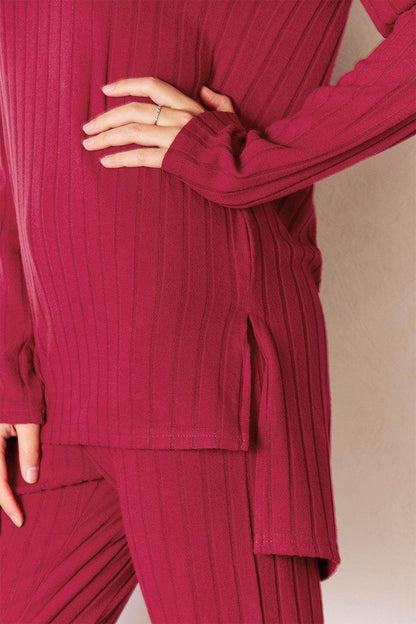 Basic Bae Full Size Ribbed Round Neck High-Low Slit Top Set - Selvanelle