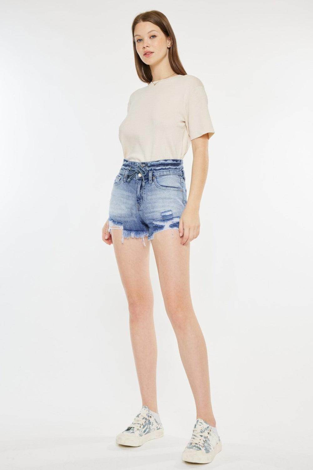 Kancan High Rise Frayed Hem Denim Shorts for Women - Selvanelle