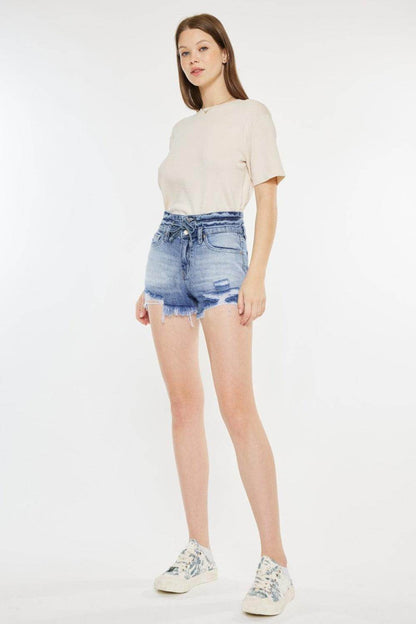 Kancan High Rise Frayed Hem Denim Shorts for Women - Selvanelle