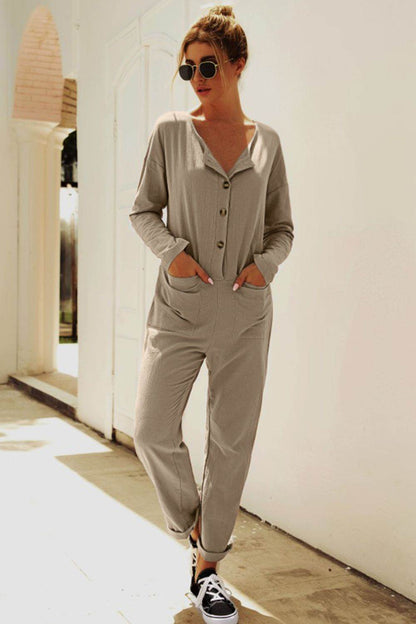 Buttoned Drop Shoulder Pocket Jumpsuit - Selvanelle