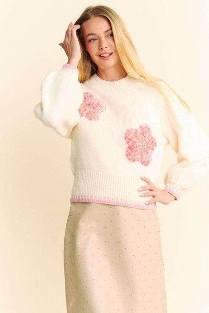 Davi & Dani Flower Patch Fuzzy Mock Neck Sweater Cozy - Selvanelle