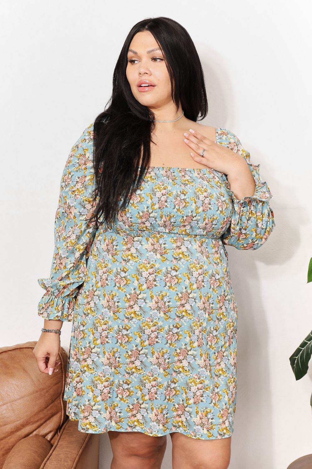 Honey Floral Smocked Flounce Sleeve Square Neck Dress - Selvanelle