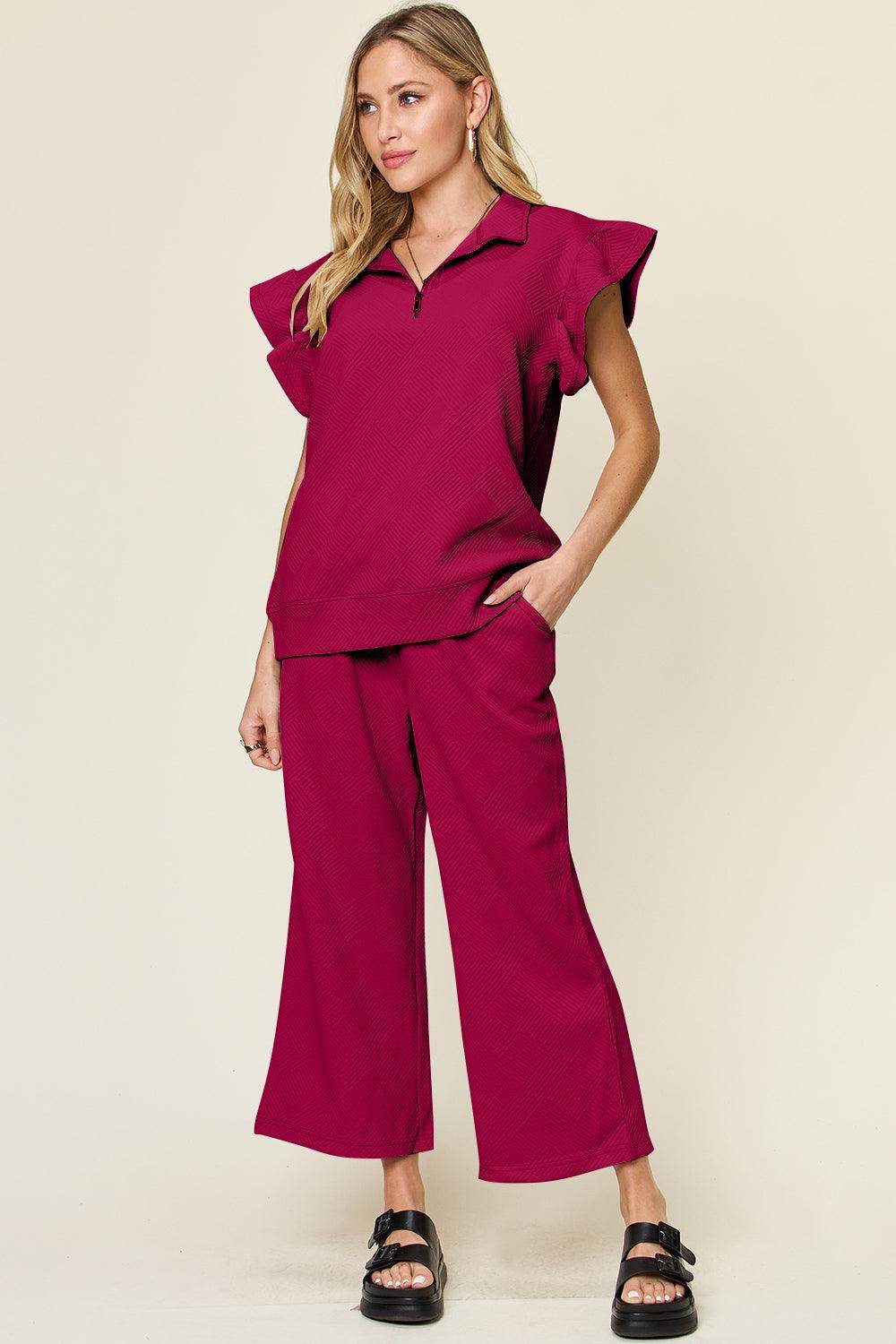 Double Take Texture Ruffle Short Sleeve Top and Pants Set - Selvanelle