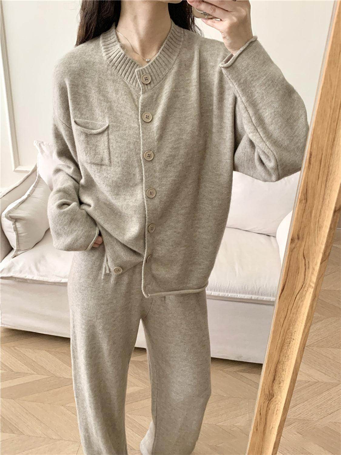 Pocketed Round Neck Button Up Cardigan and Pants Sweater Set - Selvanelle