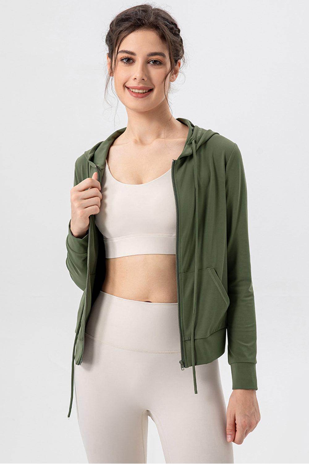Drawstring Zip Up Hooded Active Outerwear for Women - Selvanelle