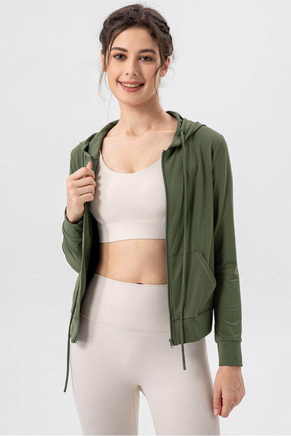 Drawstring Zip Up Hooded Active Outerwear for Women - Selvanelle