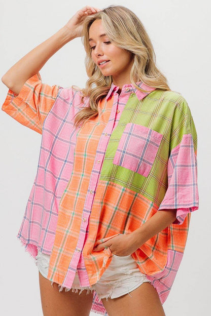 BiBi Plaid Collared Neck Half Sleeve Shirt for Women - Selvanelle