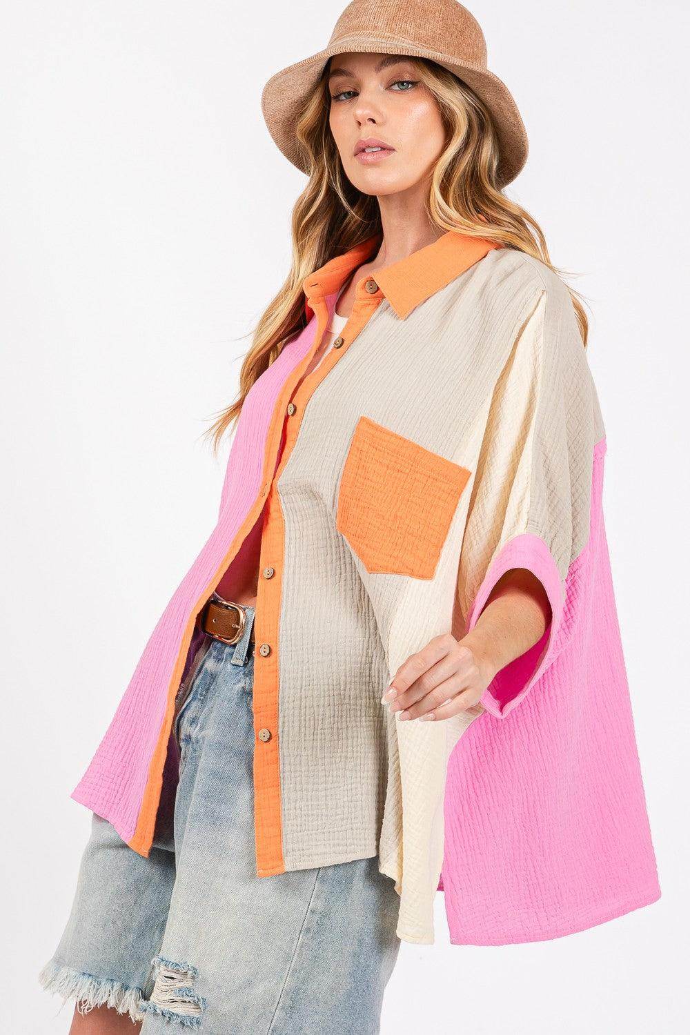 SAGE + FIG Full Size Color Block Button-Down Shirt for Women - Selvanelle