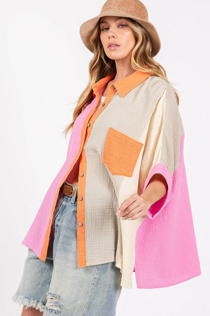 SAGE + FIG Full Size Color Block Button-Down Shirt for Women - Selvanelle
