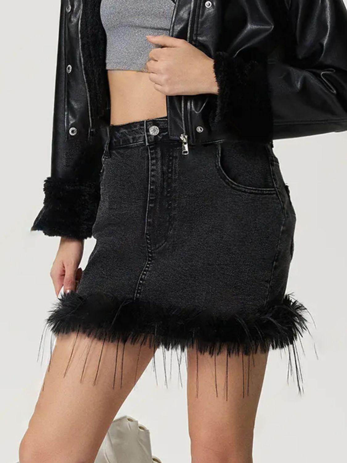 Plush Hem Mini Denim Skirt with Pockets and Stretchy Fit