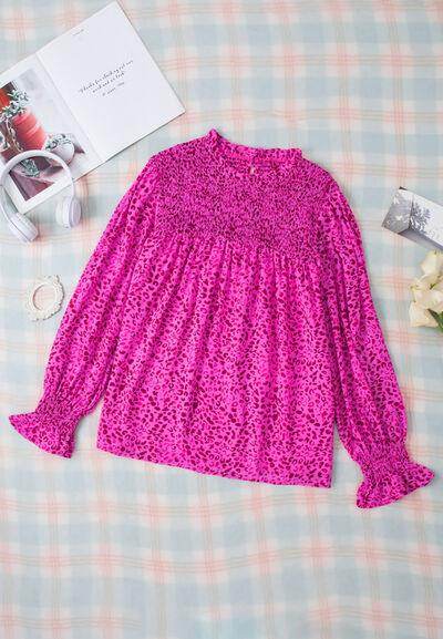 Ruched Leopard Mock Neck Long Sleeve Blouse for Women - Selvanelle