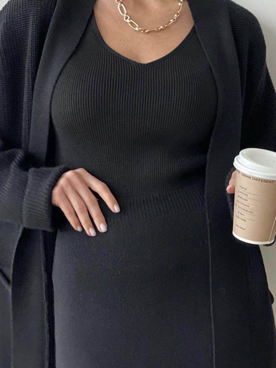 Pocketed Long Sleeve Cardigan and Skirt Sweater Set - Selvanelle