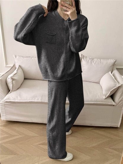 Pocketed Round Neck Button Up Cardigan and Pants Sweater Set - Selvanelle