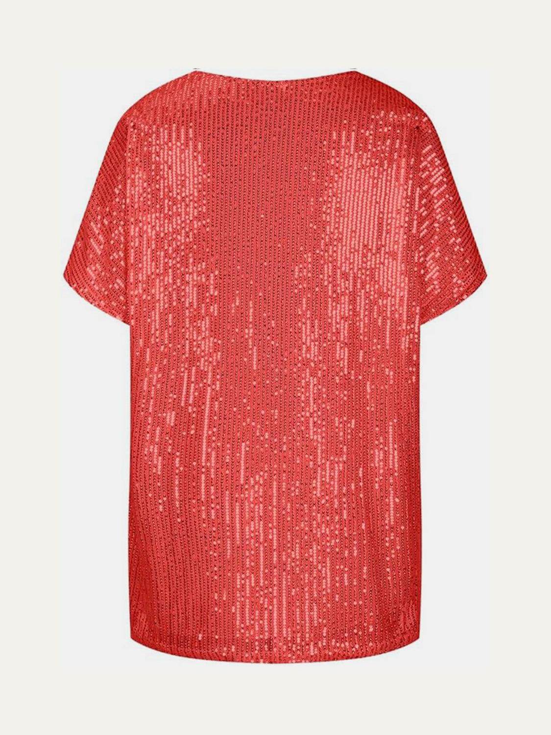 Full Size Sequin V-Neck Short Sleeve Top for Women - Selvanelle