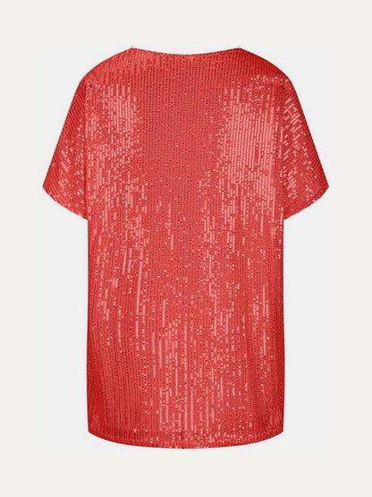 Full Size Sequin V-Neck Short Sleeve Top for Women - Selvanelle