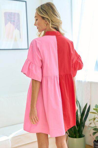 First Love Full Size Color Blocked Button Down Babydoll Dress - Selvanelle