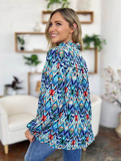 Double Take Full Size Printed Balloon Sleeve Blouse for Women - Selvanelle