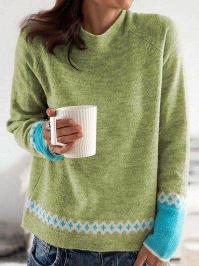 Contrast Round Neck Long Sleeve Sweater for Women - Selvanelle
