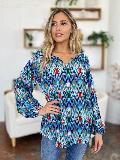 Double Take Full Size Printed Balloon Sleeve Blouse Women - Selvanelle