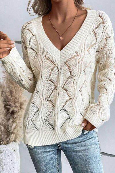 Openwork V-Neck Long Sleeve Sweater for Women Fashion - Selvanelle