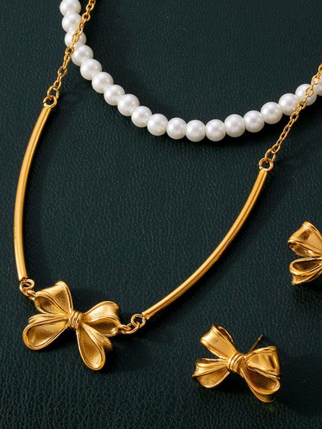 3 Piece Pearl Necklace Bow Necklace and Stud Earrings Set - Selvanelle