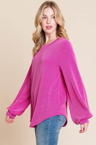 BOMBOM Long Sleeve Curved Hem Ribbed T-Shirt for Women - Selvanelle