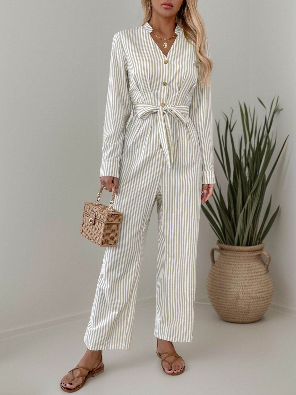 Striped Notched Long Sleeve Tie Waist Jumpsuit - Selvanelle