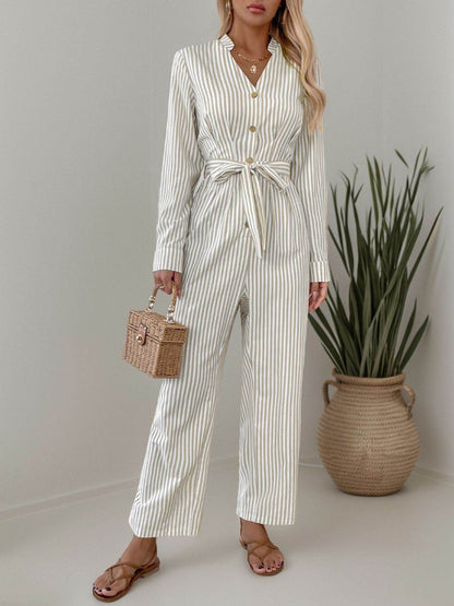 Striped Notched Long Sleeve Tie Waist Jumpsuit - Selvanelle