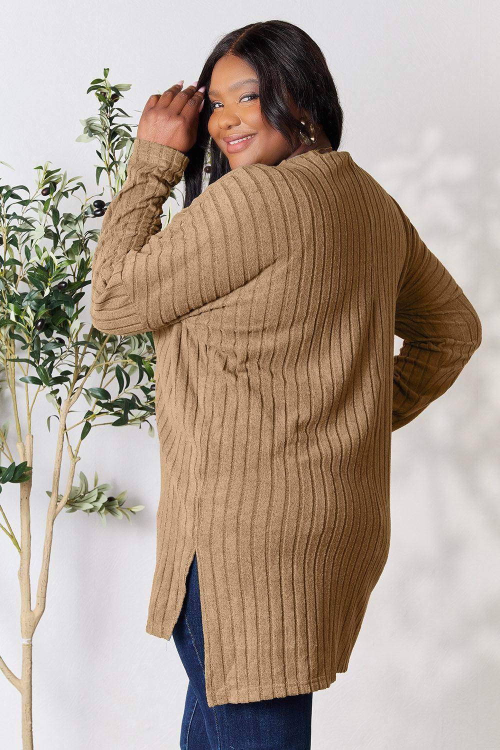 Basic Bae Full Size Ribbed Round Neck Long Sleeve Slit Top - Selvanelle