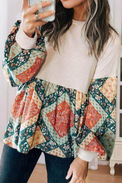 Printed Round Neck Long Sleeve Blouse for Women Fashion - Selvanelle
