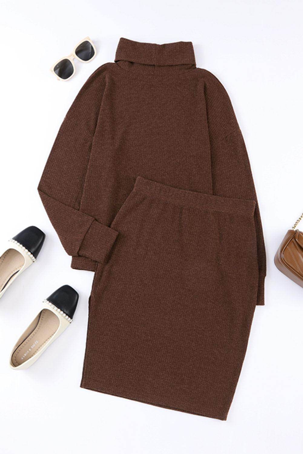 Mock Neck Long Sleeve Top and Slit Skirt Set for Women - Selvanelle