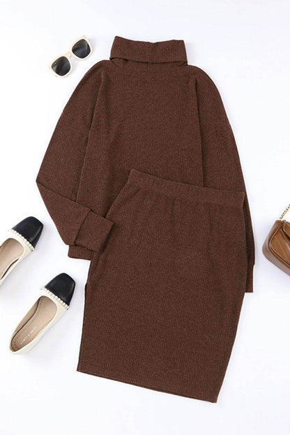 Mock Neck Long Sleeve Top and Slit Skirt Set for Women - Selvanelle