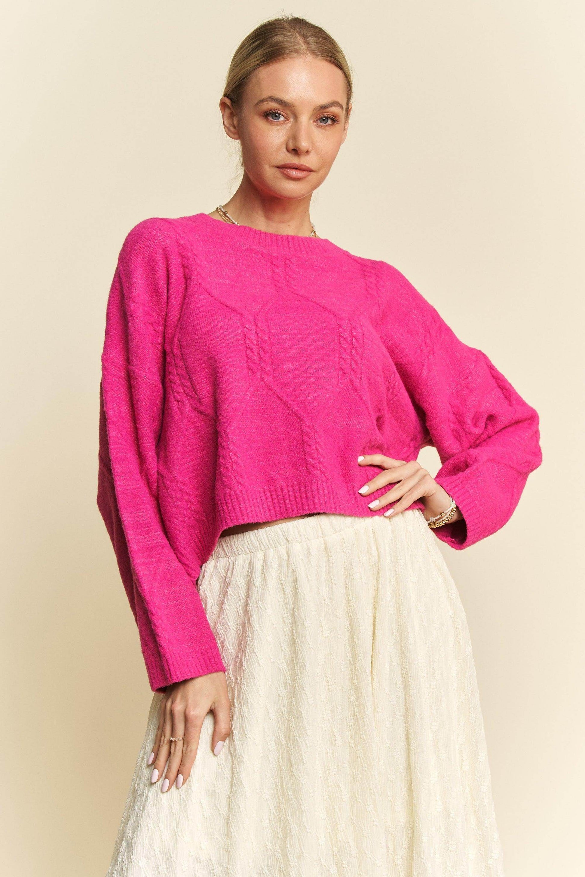 Davi & Dani Diamond Cable Pattern Drop Shoulder Sweater - Selvanelle