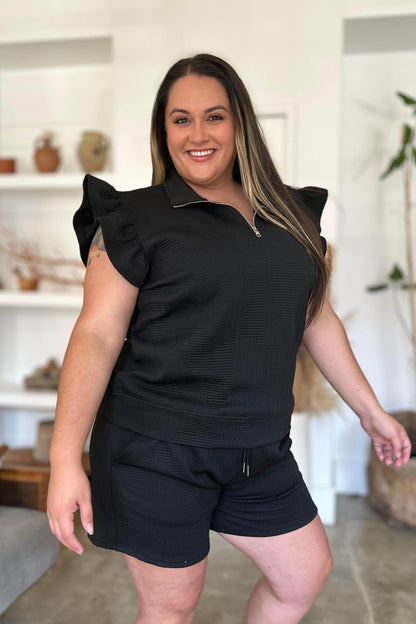 Double Take Full Size Texture Flounce Sleeve Top and Shorts Set - Selvanelle