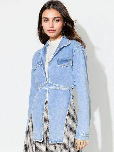 Asymmetric Slit Collared Neck Long Denim Top for Women - Selvanelle