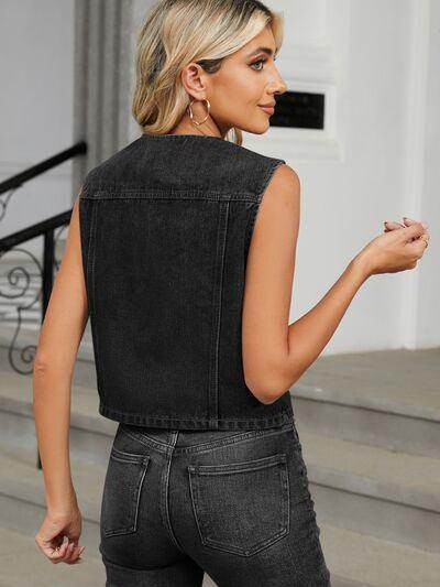 V-Neck Button Down Denim Vest for Effortless Style - Selvanelle