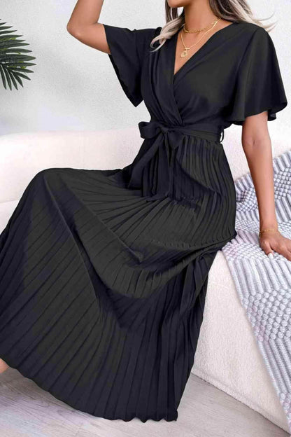 Pleated Flutter Sleeve Belted Dress for Casual Wear - Selvanelle
