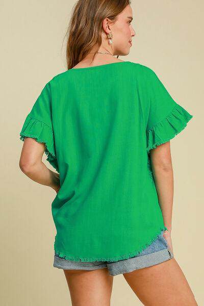 Umgee Full Size Raw Hem Ruffle Short Sleeve Blouse Plus Size - Selvanelle