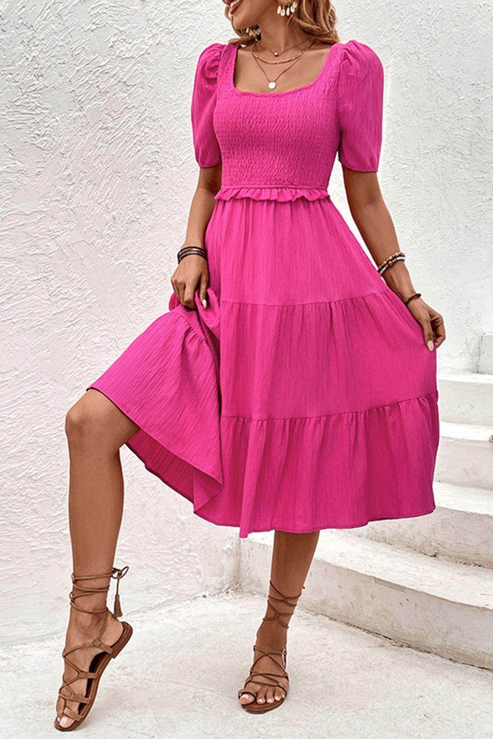 Perfee Square Neck Puff Sleeve Cutout Dress for Women - Selvanelle