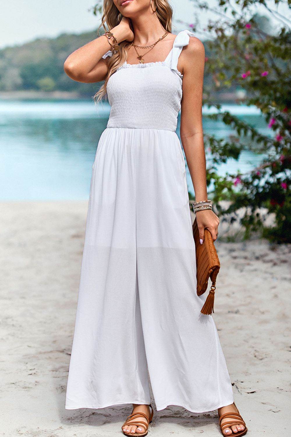 Devine Frill Trim Tie Shoulder Wide Leg Jumpsuit with Pockets - Selvanelle