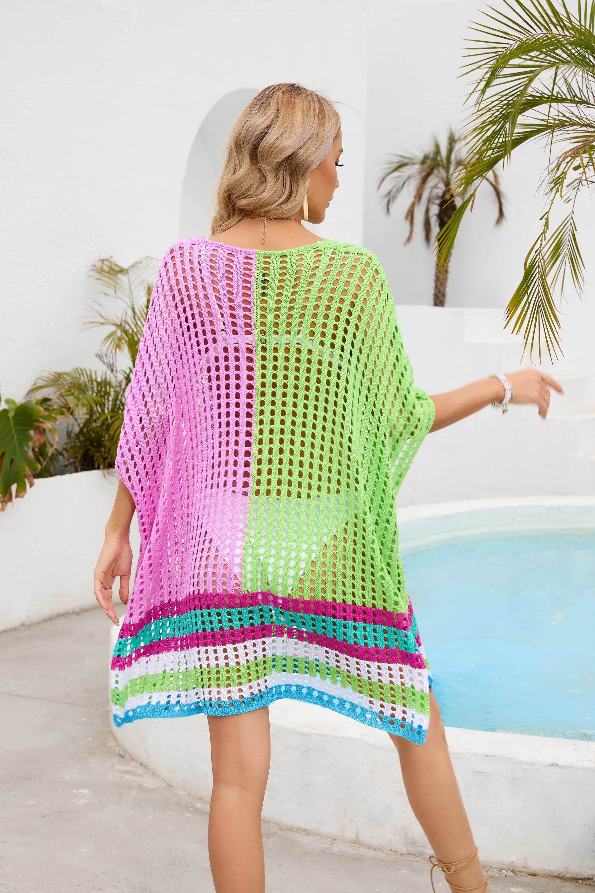 Contrast Scoop Neck Openwork Half Sleeve Cover Up - Selvanelle