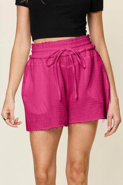 Double Take Full Size Texture Raw Trim Drawstring Shorts - Selvanelle