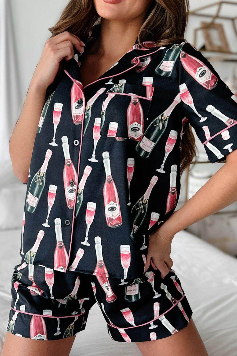Champagne Print Short Sleeve Top and Shorts Set for Women - Selvanelle