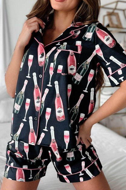 Champagne Print Short Sleeve Top and Shorts Set for Women - Selvanelle