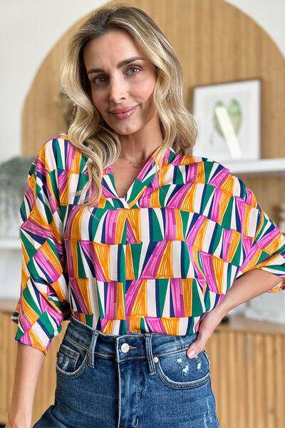 Double Take Full Size Geometric Notched Dolman Sleeve Top - Selvanelle